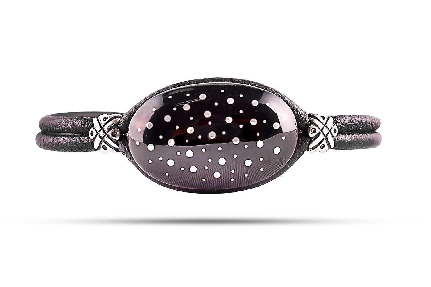 Bracelet in leather, silver and jet
